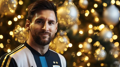 Smiling football player stands before festive bokeh lights.