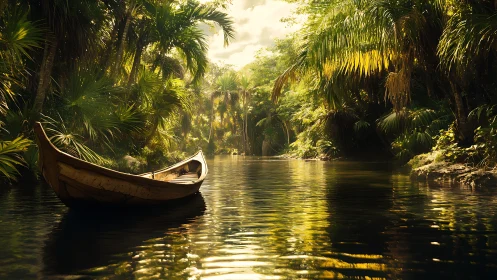 Wooden boat moored in tropical waterway among dense palm vegetation.