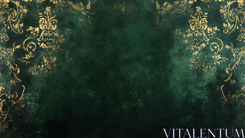 Emerald green damask background glows with antique gold flourishes
