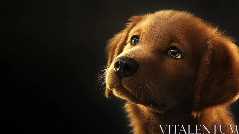 Golden puppy gazes upward in warm dramatic studio light