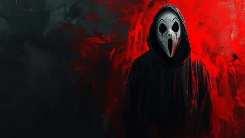 Hooded specter in elongated mask against high contrast red field