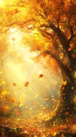 Radiant volumetric light through golden autumn canopy.