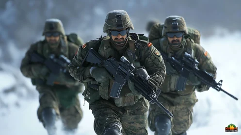 Combat Squad Charging Through Snow in Tactical Formation.