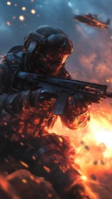 Armored futuristic soldier advances through blazing battlefield