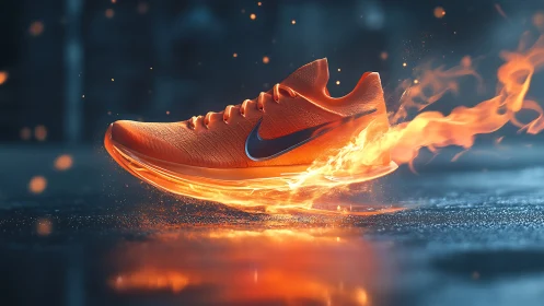 Orange running shoe with flame effects on wet reflective ground.