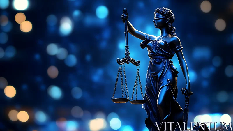 Blindfolded Lady Justice statue with scales on blue bokeh.