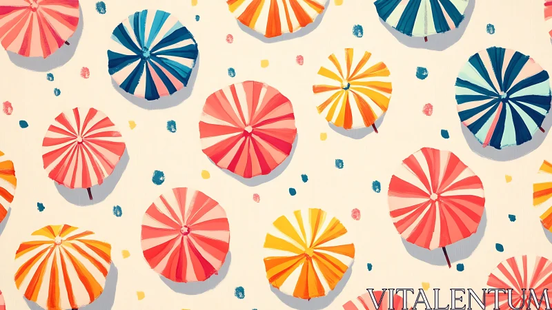 Striped beach umbrellas in playful overhead pattern.