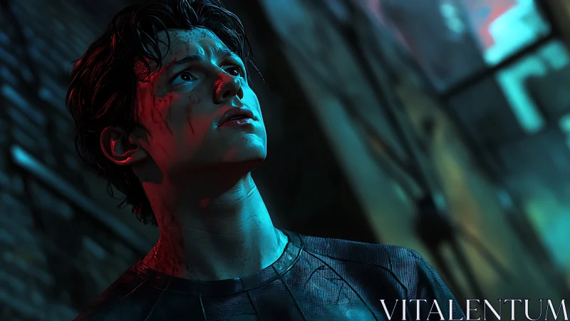 Bruised night vigilante under neon-soaked alley skies.