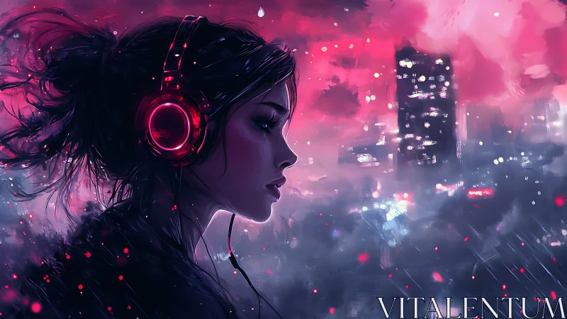 Headphoned girl drifts through neon city rain and quiet dreams