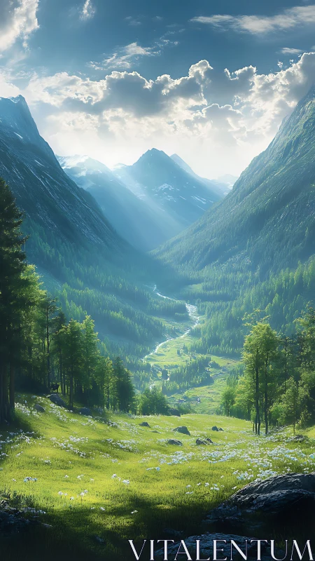 Sunlit alpine valley stretches between towering green mountains