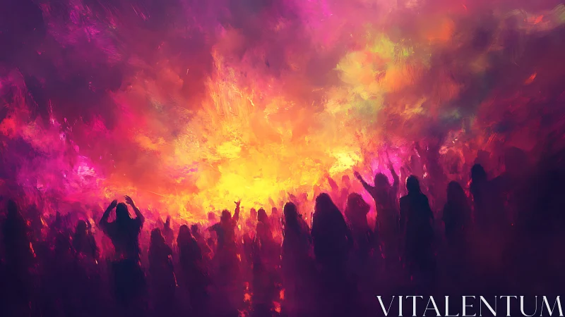 Luminescent crowd silhouettes with radiant yellow-orange incandescent light burst