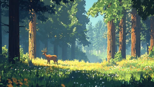 Cervid grazing amid towering conifers bathed in golden atmospheric light