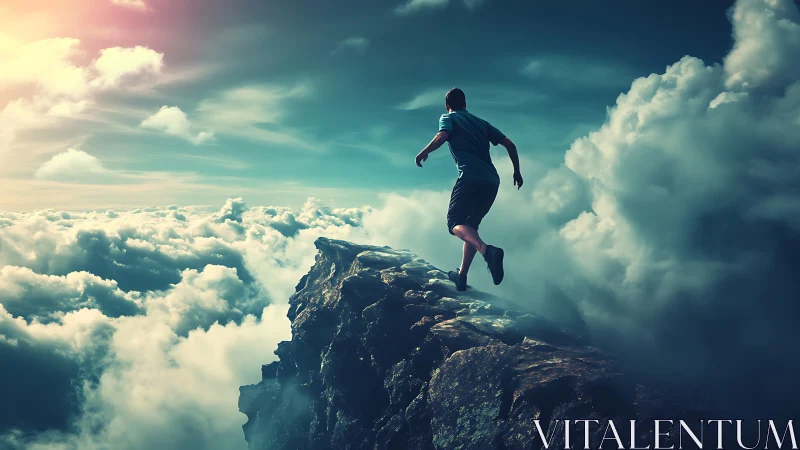 Skyline runner threads the cliff edge between roaring clouds