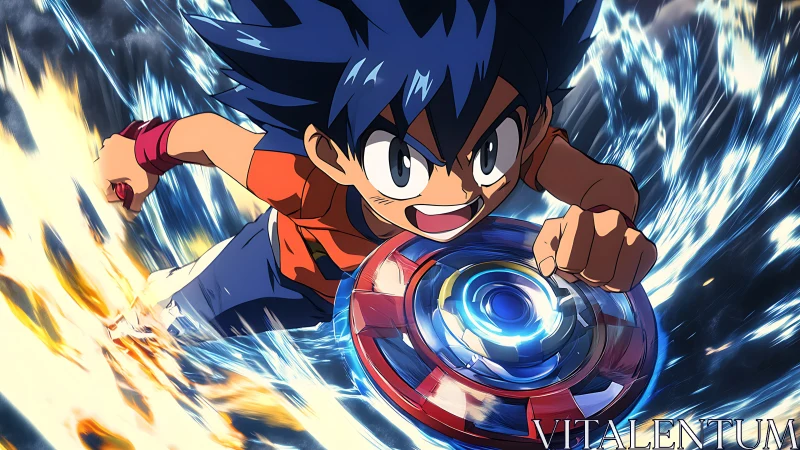 Young anime blader launches spinning top in blazing battle