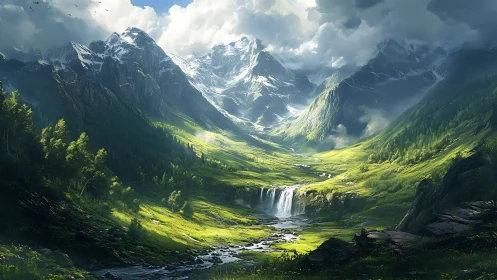 Epic digital landscape of sunlit valley and alpine peaks.