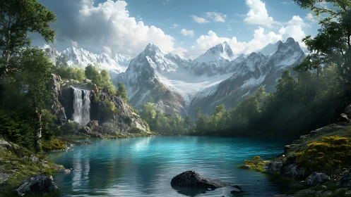 Glacial alpine lake with cascading waterfall and sunlit peaks.