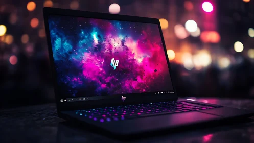 Sleek HP laptop glows against neon city bokeh backdrop