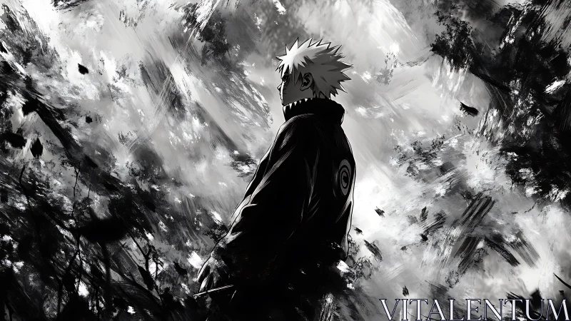 Solitary anime warrior stands amid abstract storm chaos