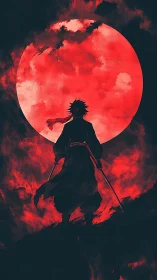Lone swordsman confronts colossal red moon in fiery sky.