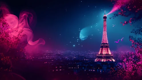Neon Paris skyline with illuminated Eiffel Tower and magic trails