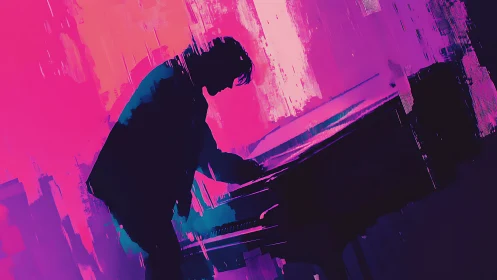 Silhouetted pianist leans into glowing neon pink and purple light