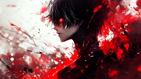 Side profile anime figure with dark hair and red energy field.