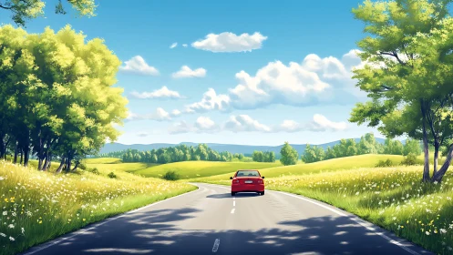 Red car on rural road through green fields under blue sky.
