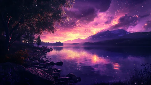 Twilight lake dreams under cosmic violet embers of dusk.