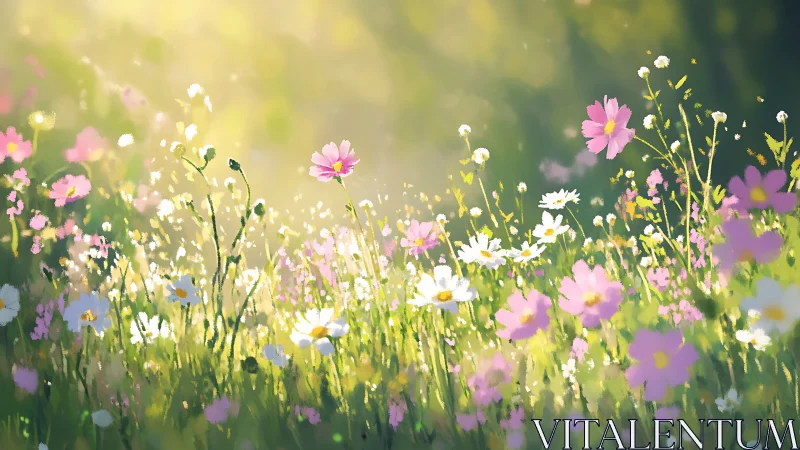 Soft-Focus Cosmos and Wildflower Field Composition with Bokeh Rendering