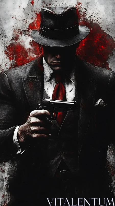 Suited figure holds handgun against textured red backdrop