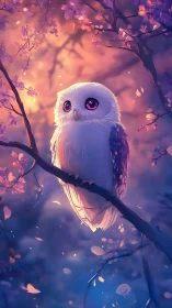Dreamlit owl amid sakura branches in soft bokeh glow.