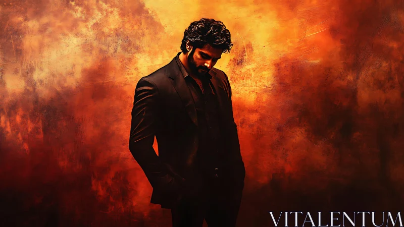 Silhouetted man in black suit against fiery textured backdrop