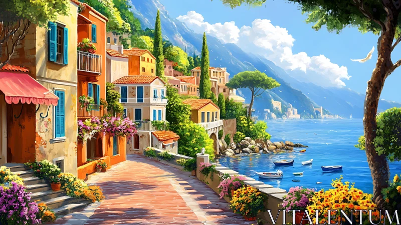 Coastal village promenade borders calm blue waterfront