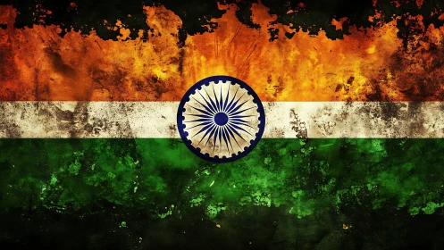 Distressed Indian tricolor flag with central Ashoka Chakra emblem