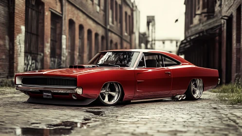 Low-slung red muscle car in gritty cobblestone alleyway.