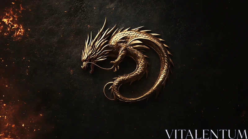 Golden dragon emblem coils in firelit dark void.