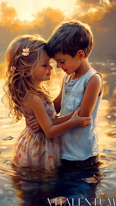 Children embrace in golden sunset waters.