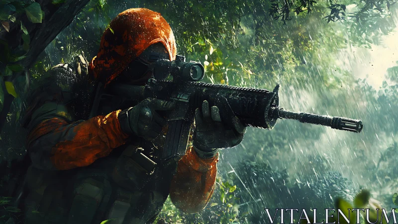 Tactical marksman in rainfall, scoped rifle under jungle canopy.