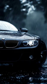 Nocturnal coupe front-end under rainfall with specular highlights.