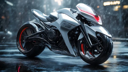 Rain-soaked cyber street bike glowing in city night.
