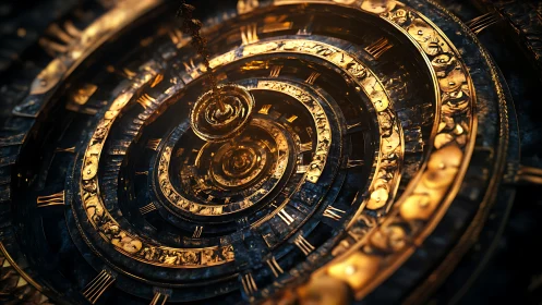 Golden clockwork spiral where hours fold into each other.