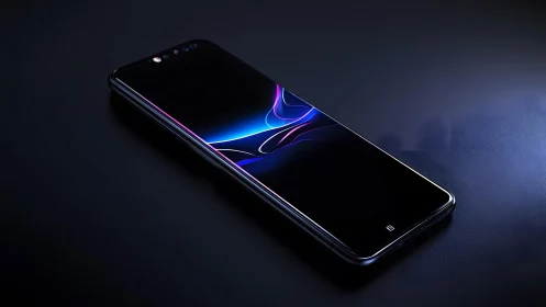 Sleek modern smartphone with glowing abstract wallpaper, digital art.