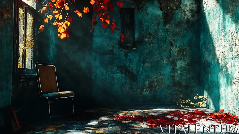 Rustic teal room holds solitary chair under autumn light.