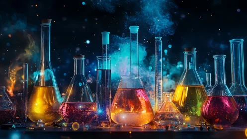Glowing chemical glassware illuminates a vibrant lab scene.