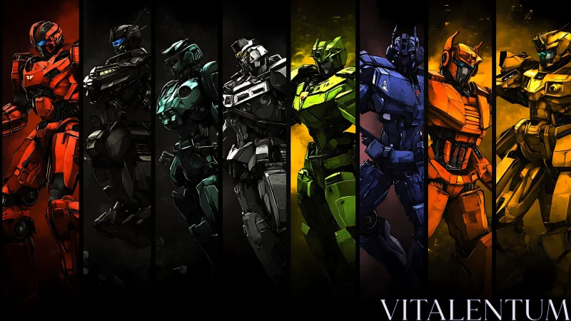 Spectrum mecha squad lineup in segmented chromatic panels.