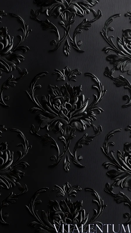 Black baroque damask wallpaper with embossed floral pattern.