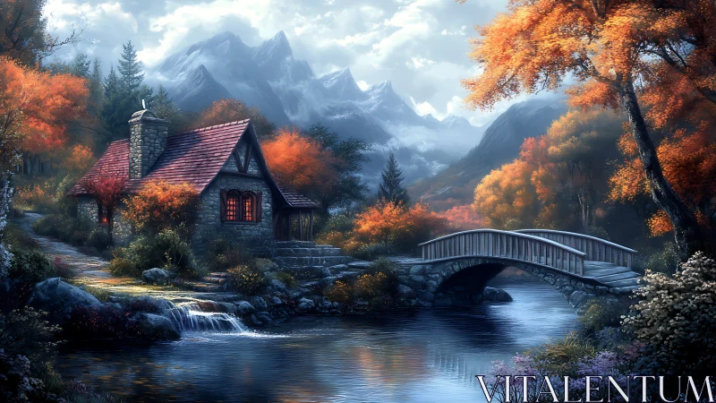 Autumn spell over riverside cottage and stone bridge dreamscape.