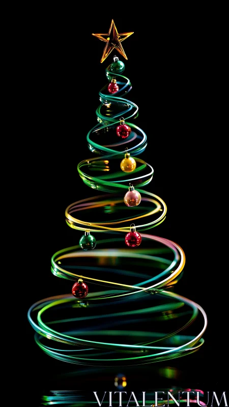 Minimal spiral Christmas tree with glass ornaments on black.