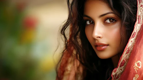 Warm gaze framed by an embroidered red silk veil.