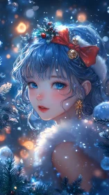 Snowlit anime girl in festive blue forest bokeh glow.